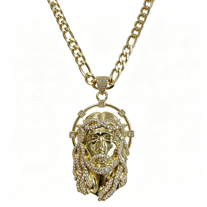Christianartworkshop Oval Rhinestone Halo Holy Face Pendant Multiple Style Link Chain Necklace: Timeless Emblem of Gentle Heavenly Guardianship - Golden & Figaro Chain - image 5