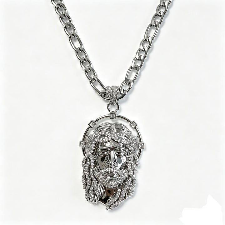 Christianartworkshop Oval Rhinestone Halo Holy Face Pendant Multiple Style Link Chain Necklace: Timeless Emblem of Gentle Heavenly Guardianship - Silver & Figaro Chain - image 14