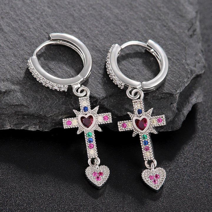 Christianartworkshop Sparkling Colorful Stone Cross Sacred Heart Necklace & Huggie Hoop Earrings: Timeless Emblem of Gentle Heavenly Guardianship - Silver Earrings - image 5