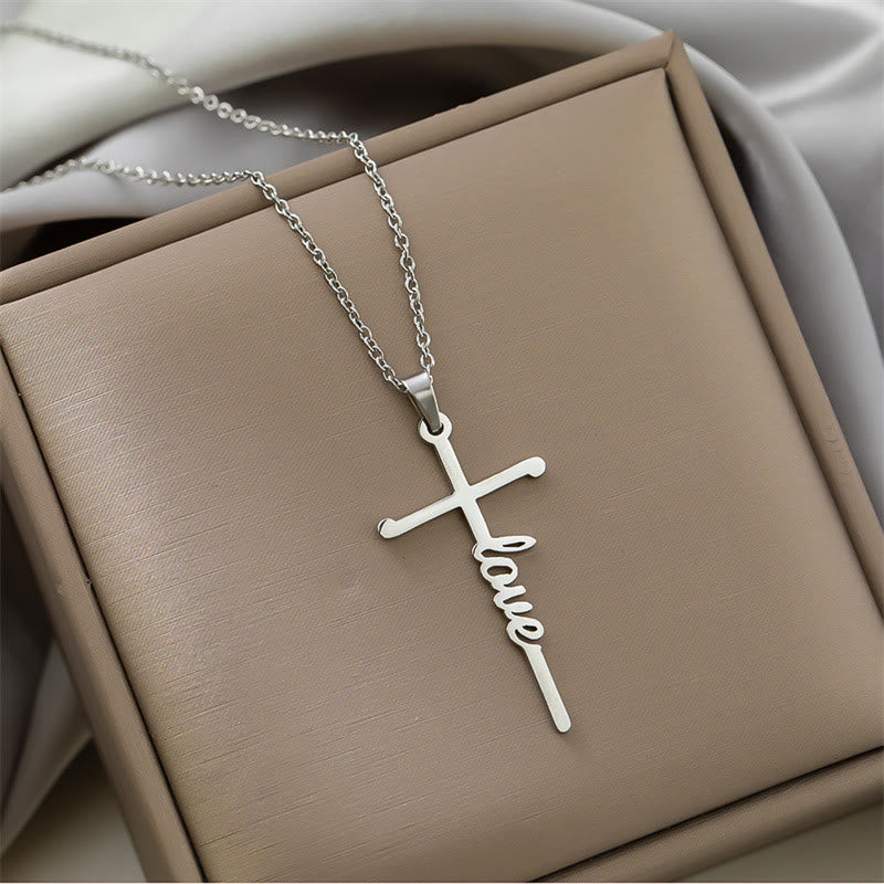 Christianartworkshop Multi Style Cursive Faith Word Integrated Cross Pendant Thin Link Chain Necklace: Timeless Emblem of Gentle Heavenly Guardianship - Love - Silver - image 8