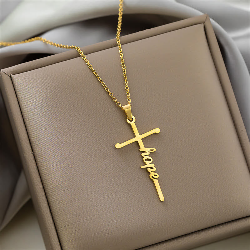 Christianartworkshop Multi Style Cursive Faith Word Integrated Cross Pendant Thin Link Chain Necklace: Timeless Emblem of Gentle Heavenly Guardianship - Hope - Golden - image 0