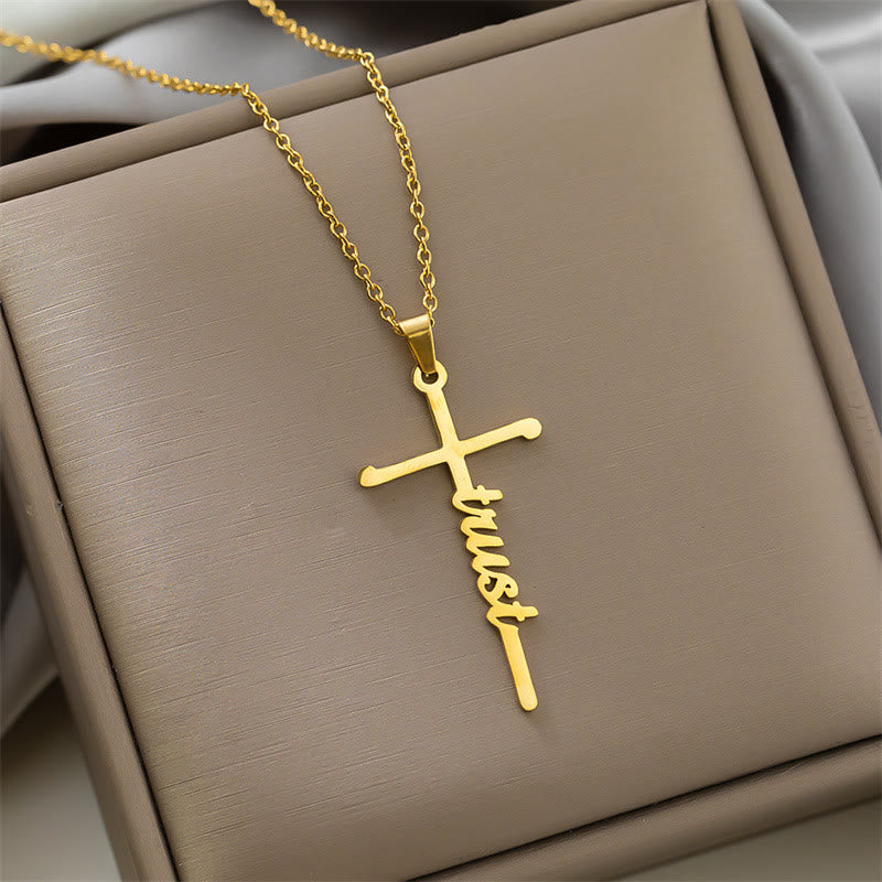 Christianartworkshop Multi Style Cursive Faith Word Integrated Cross Pendant Thin Link Chain Necklace: Timeless Emblem of Gentle Heavenly Guardianship - Trust - Golden - image 13