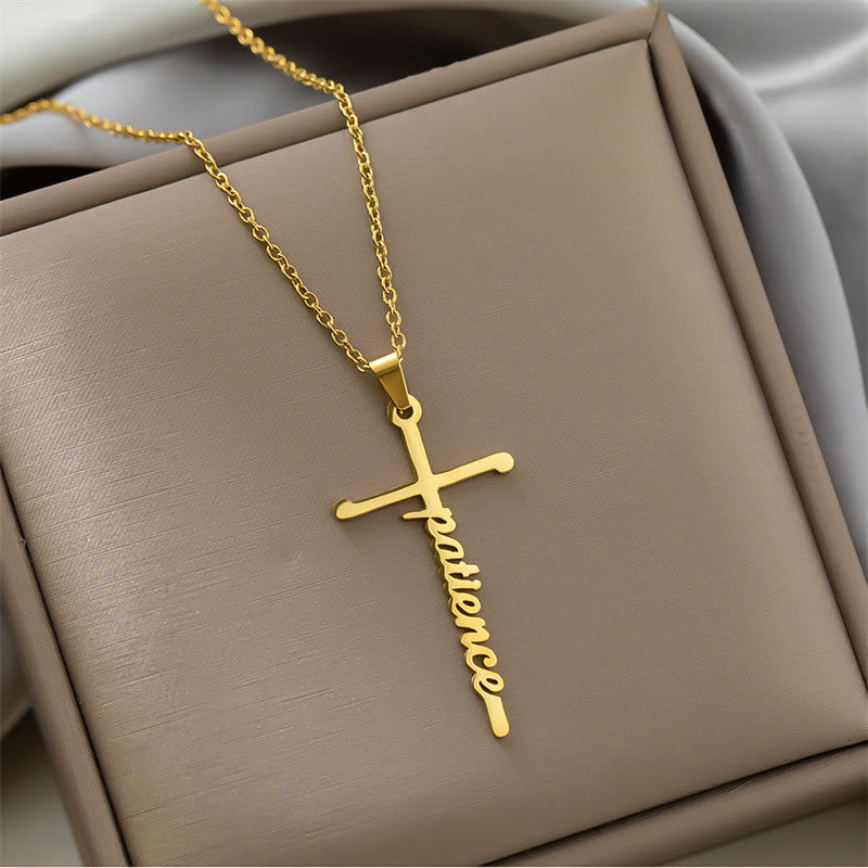 Christianartworkshop Multi Style Cursive Faith Word Integrated Cross Pendant Thin Link Chain Necklace: Timeless Emblem of Gentle Heavenly Guardianship - Patience - Golden - image 4