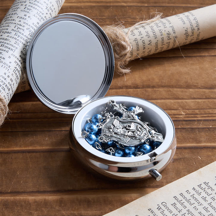 Christianartworkshop Silver or Blue Rosary with Antique Silver Archangel Medal and Matching Engraved Round Box - image 6