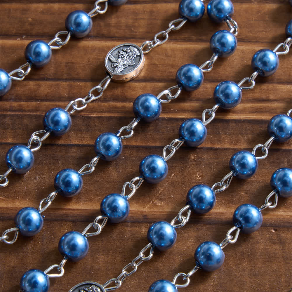 Christianartworkshop Silver or Blue Rosary with Antique Silver Archangel Medal and Matching Engraved Round Box - image 9