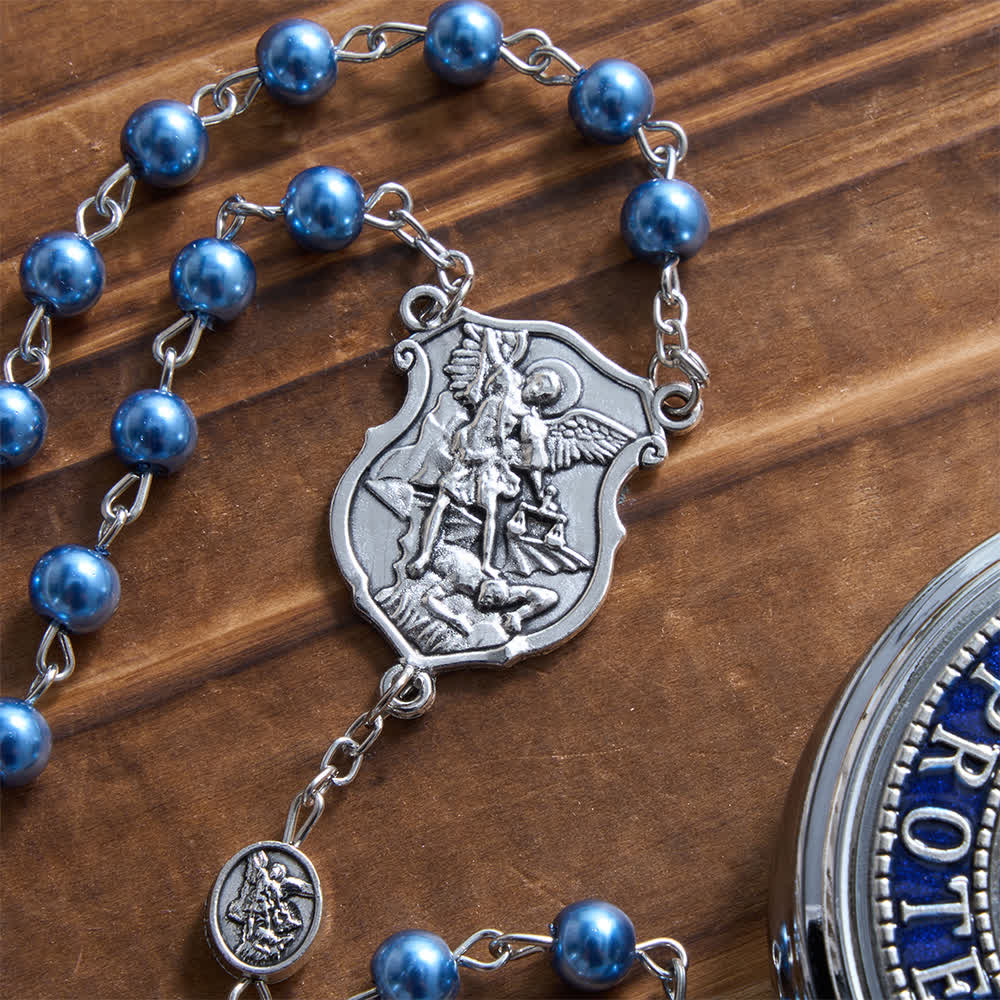 Christianartworkshop Silver or Blue Rosary with Antique Silver Archangel Medal and Matching Engraved Round Box - image 11