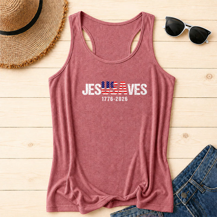 Christianartworkshop JESUSAVES Combined Letter American Flag Fill Distressed Block Font 1776-2026 Under Text Front Print Racerback Tank Top - Pink - 2XL - image 4