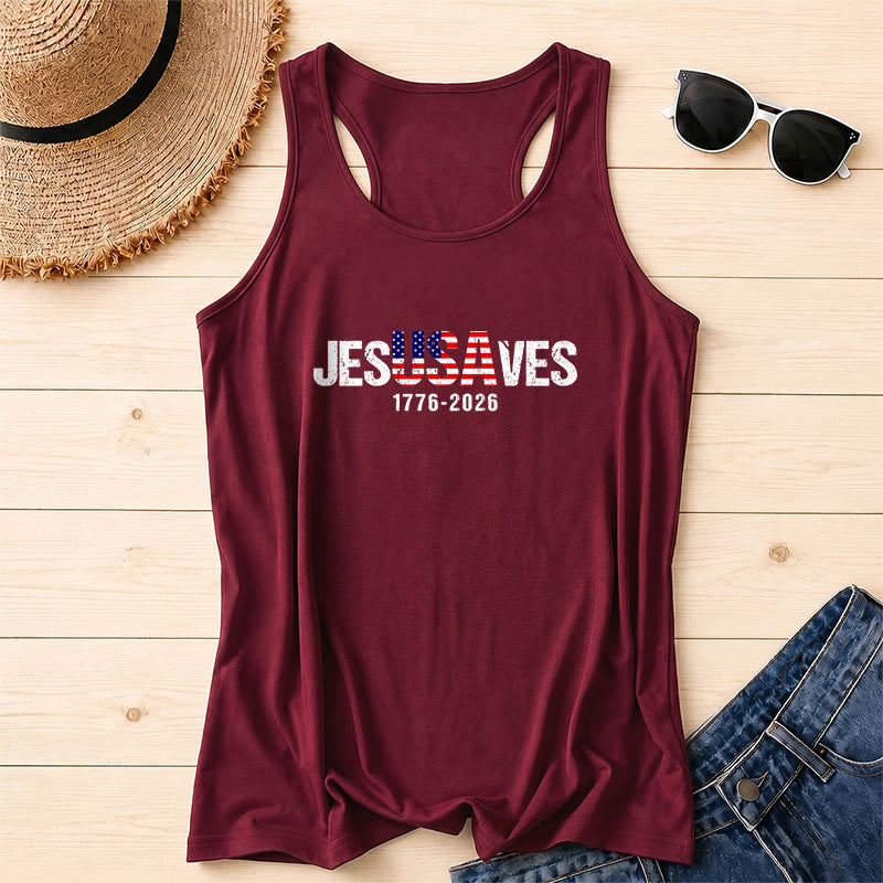 Christianartworkshop JESUSAVES Combined Letter American Flag Fill Distressed Block Font 1776-2026 Under Text Front Print Racerback Tank Top - Wine - 2XL - image 16