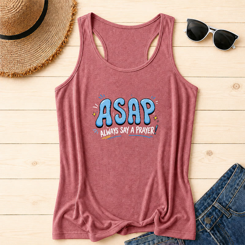 Christianartworkshop Cartoon Bubble Large ASAP Letter Small Star Spark Accent Always Say A Prayer Racerback Tank Top - Pink - 2XL - image 2