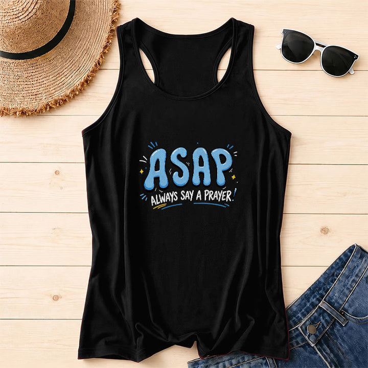 Christianartworkshop Cartoon Bubble Large ASAP Letter Small Star Spark Accent Always Say A Prayer Racerback Tank Top - Black - 2XL - image 16
