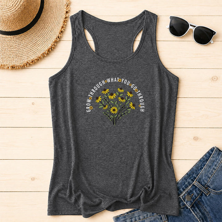 Christianartworkshop Arch Curved Grow Through What You Go Through Text Black Eyed Susan Floral Bouquet Centered Racerback Tank Top - Grey - 2XL - image 18