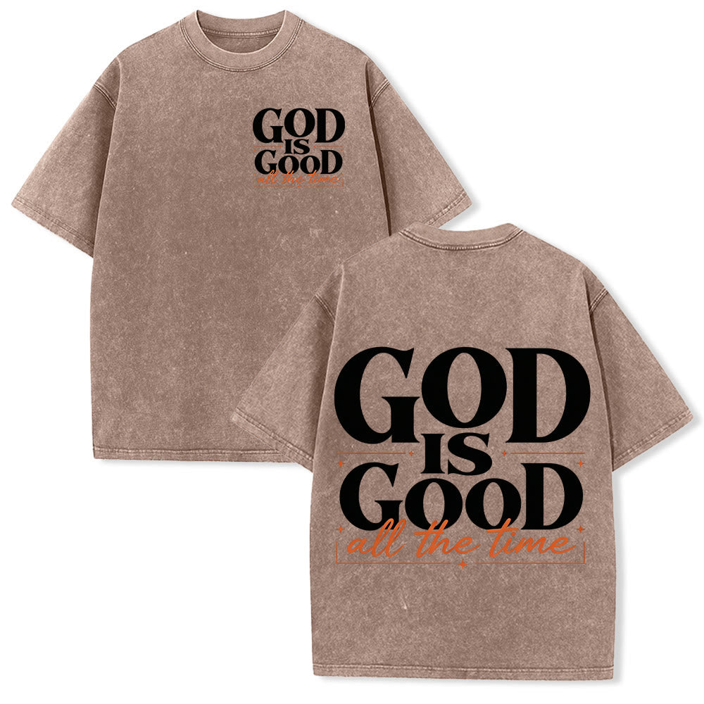 Christianartworkshop GOD IS GOOD All The Time Contrast Block Cursive Font Dual Sided Left Chest Vintage Washed T-Shirt - Brown - 5XL - image 0