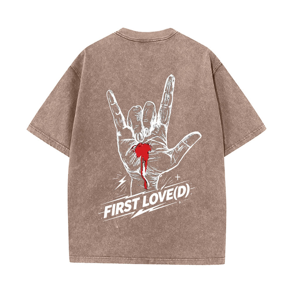 Christianartworkshop Grunge Rock Hand Bleeding Heart Graphic Arch Slogan Front Large First Love Letter Back Washed T-Shirt - image 5