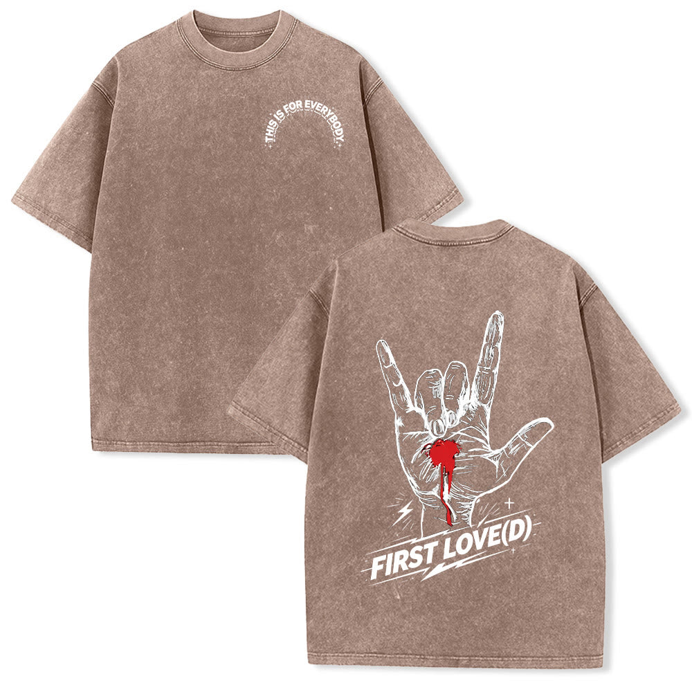 Christianartworkshop Grunge Rock Hand Bleeding Heart Graphic Arch Slogan Front Large First Love Letter Back Washed T-Shirt - Brown - 5XL - image 3