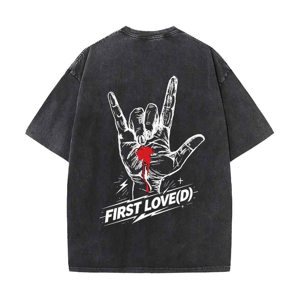 Christianartworkshop Grunge Rock Hand Bleeding Heart Graphic Arch Slogan Front Large First Love Letter Back Washed T-Shirt - image 2