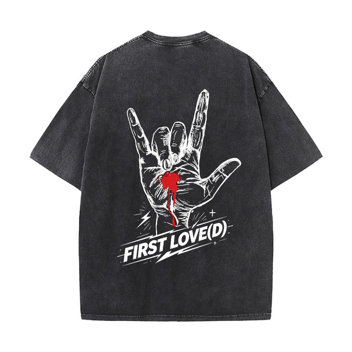 Christianartworkshop Grunge Rock Hand Bleeding Heart Graphic Arch Slogan Front Large First Love Letter Back Washed T-Shirt - image 2