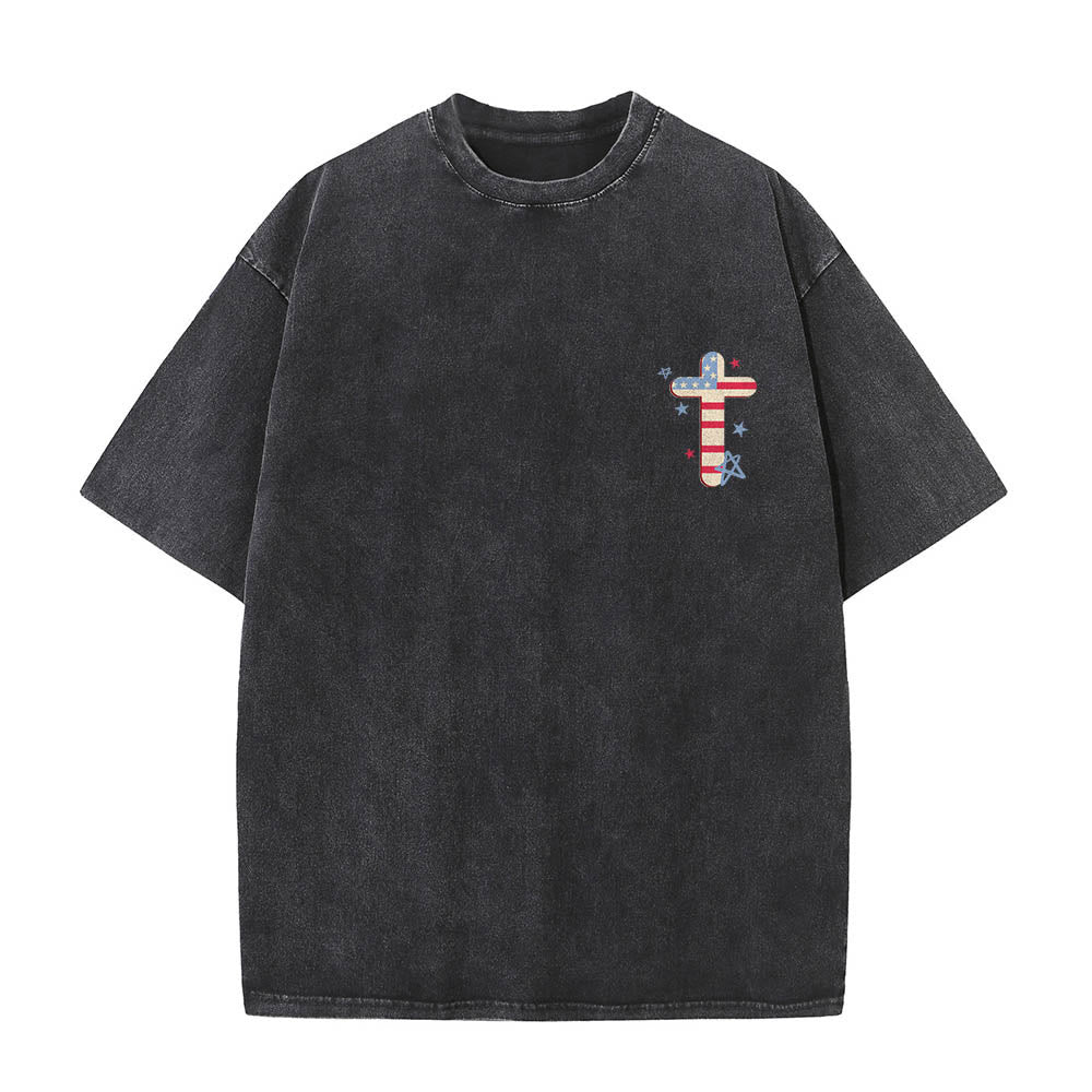 Christianartworkshop Stars & Stripes Jesus Christ Patriotic Flag Cross Mini Front Chest Multi Color Curly Letter Back Dual Print Vintage Washed T-Shirt - image 1
