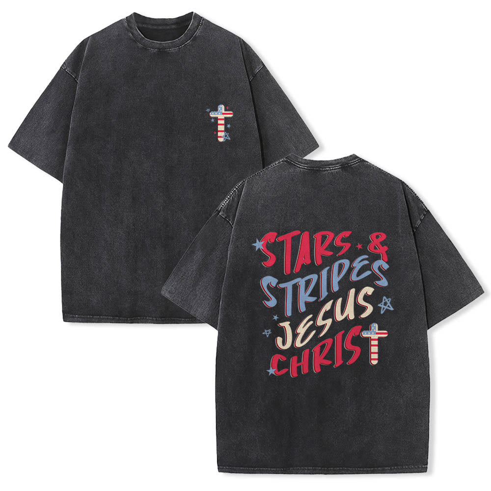 Christianartworkshop Stars & Stripes Jesus Christ Patriotic Flag Cross Mini Front Chest Multi Color Curly Letter Back Dual Print Vintage Washed T-Shirt - Black - 5XL - image 0