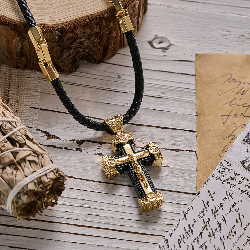 Christianartworkshop Luxury Style Crucifix Jesus Cross Black-gold Alloy Pendant Necklace - image 3