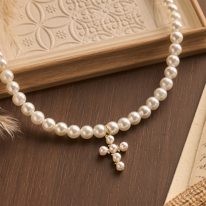 Christianartworkshop Elegant Imitation Pearl Bead Mini Pearl Cross Pendant Choker Necklace: Timeless Emblem of Gentle Heavenly Guardianship - Cross - image 0