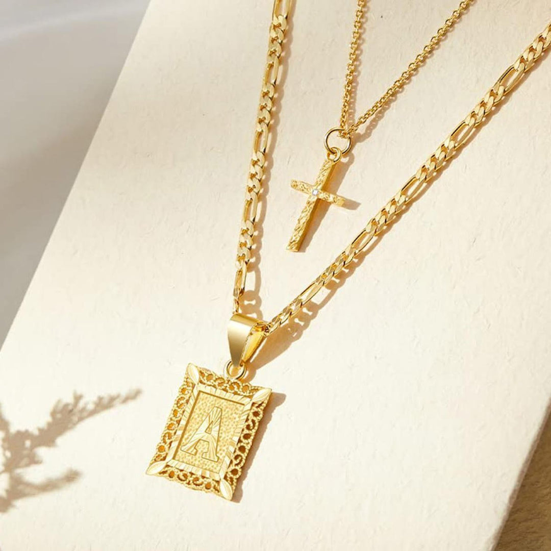Christianartworkshop Dainty Stackable Two Tier Rhinestone Cross A To Z Initial Tag Figaro Chain Necklace: Timeless Emblem of Gentle Heavenly Guardianship - A - image 0