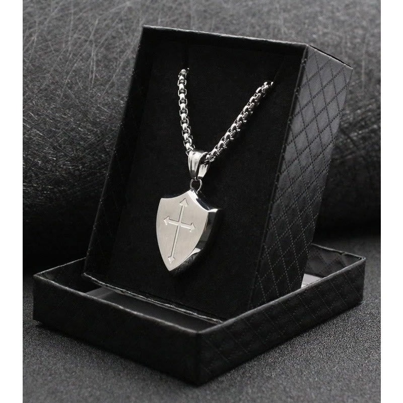 Christianartworkshop Double Sided Shield Rhinestone Cross Pendant Engraved Amor of God Joshua 1 Verse 9 Box Chain Necklace: Timeless Emblem of Gentle Heavenly Guardianship - image 6