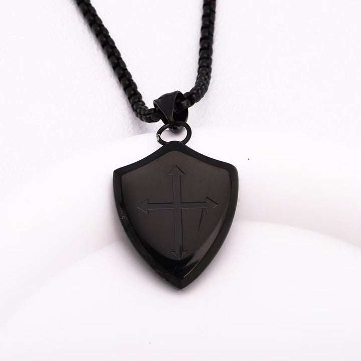 Christianartworkshop Double Sided Shield Rhinestone Cross Pendant Engraved Amor of God Joshua 1 Verse 9 Box Chain Necklace: Timeless Emblem of Gentle Heavenly Guardianship - Black - image 7