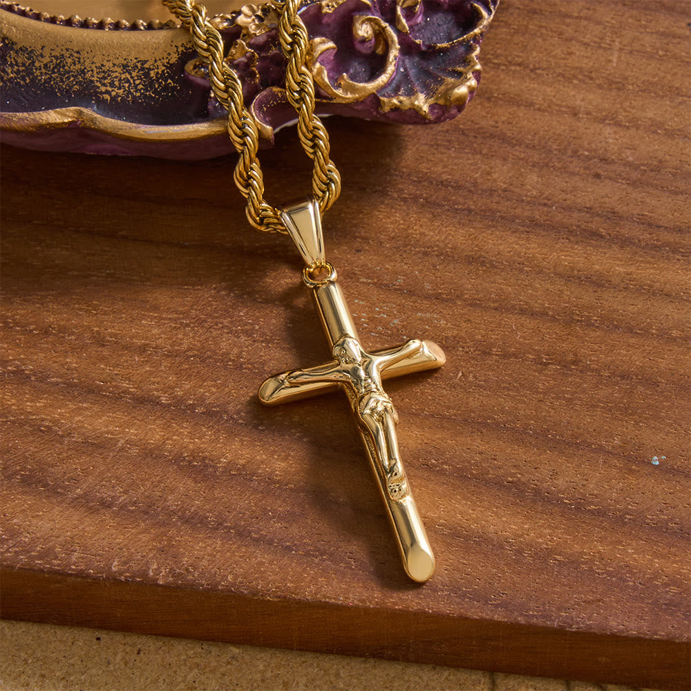 Christianartworkshop Relief Jesus Crucifix Pendant Twisted Rope Chain Necklace : Timeless Emblem of Gentle Heavenly Guardianship - Golden - image 1