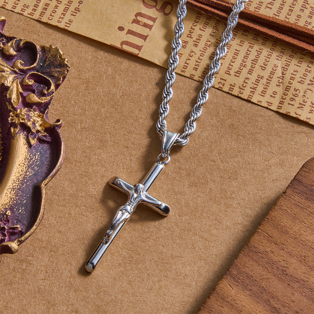 Christianartworkshop Relief Jesus Crucifix Pendant Twisted Rope Chain Necklace : Timeless Emblem of Gentle Heavenly Guardianship - image 4