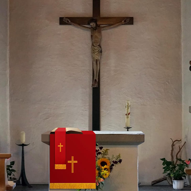 Christianartworkshop Complete Church Parament Set: Table Runner, Lectern Scarf & Bible Marker in Red and White - image 1
