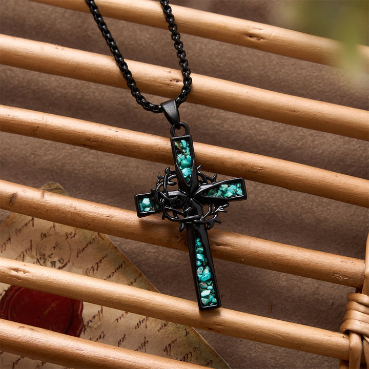 Christianartworkshop Western Bohemian Crushed Turquoise Inlaid Thorn Cross Necklace: Timeless Emblem of Gentle Heavenly Guardianship - image 4