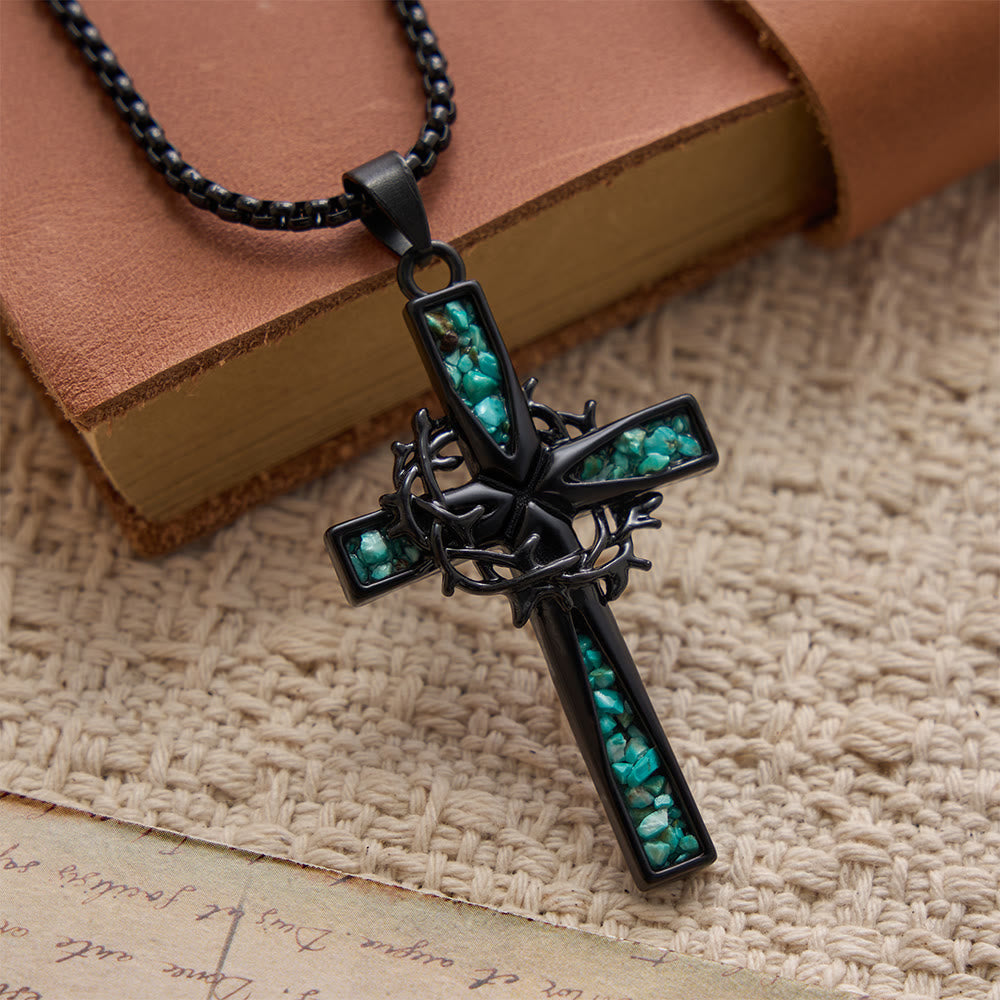 Christianartworkshop Western Bohemian Crushed Turquoise Inlaid Thorn Cross Necklace: Timeless Emblem of Gentle Heavenly Guardianship - Cross - image 0