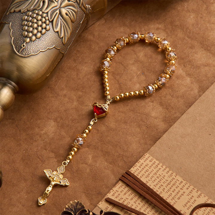 Christianartworkshop Luxe Champagne-Tone Pocket Rosary With Sacred Heart & Jeweled Crucifix: Dual-Use Prayer & Car Hanging Charm - Sacred Heart Rosary - image 0