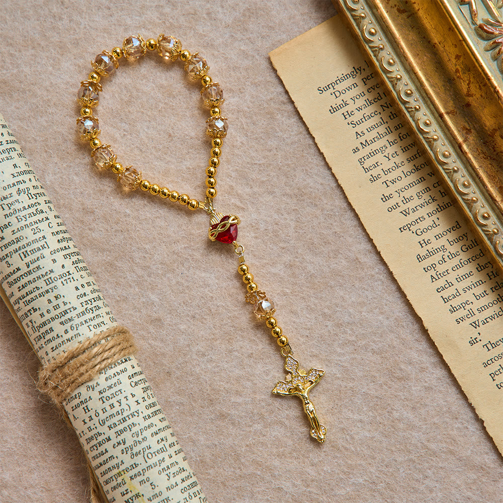 Christianartworkshop Luxe Champagne-Tone Pocket Rosary With Sacred Heart & Jeweled Crucifix: Dual-Use Prayer & Car Hanging Charm - image 3