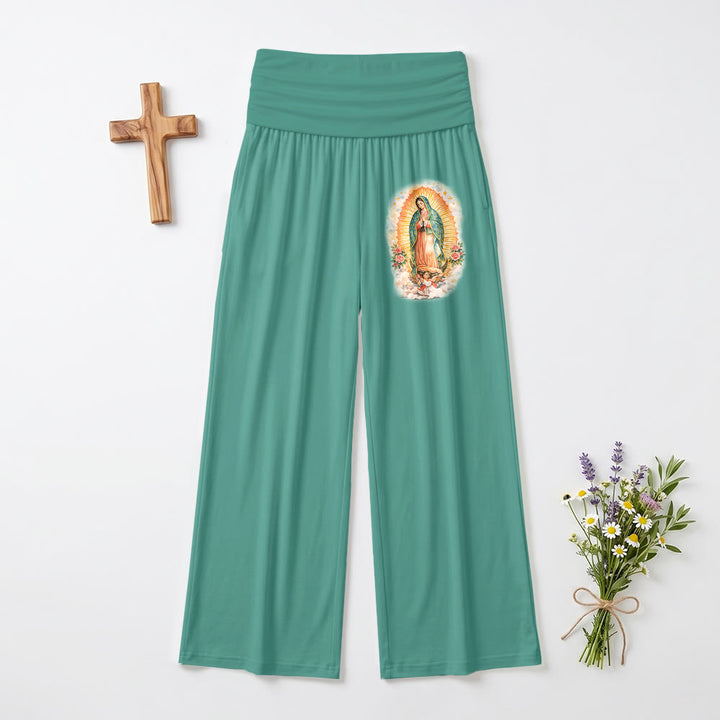 Christianartworkshop Solid Our Lady Of Guadalupe Single Portrait Print Fold Over High Waist Wide Leg Pants - Green - US22,UK/AU26,EU54(6XL) - image 0