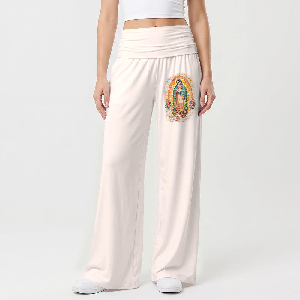 Christianartworkshop Solid Our Lady Of Guadalupe Single Portrait Print Fold Over High Waist Wide Leg Pants - image 7