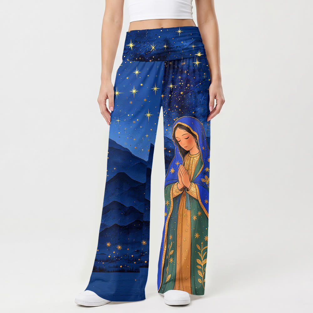 Christianartworkshop Starry Mountain Landscape Guadalupe Virgin Mary Fold Over High Waist Wide Leg Pants - image 1