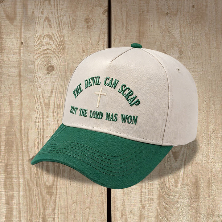 Christianartworkshop Arch Scripture Cross Motif THE DEVIL CAN SCRAP BUT THE LORD HAS WON Embroidery Washed Baseball Cap - image 1