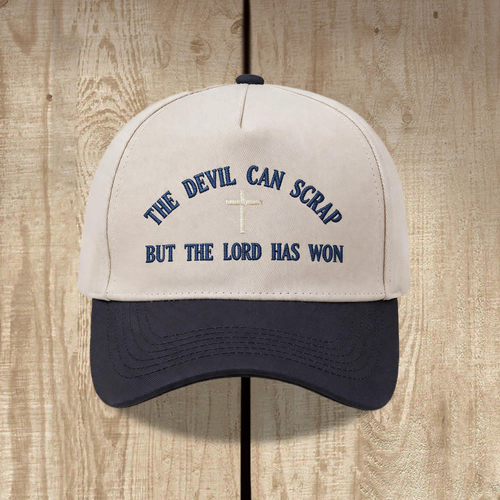 Christianartworkshop Arch Scripture Cross Motif THE DEVIL CAN SCRAP BUT THE LORD HAS WON Embroidery Washed Baseball Cap - Black - image 2