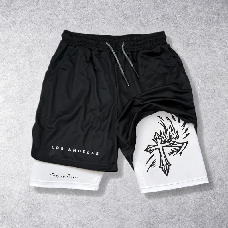 Christianartworkshop Los Angeles Letter Outer Flame Wing Cross City of Anger Hand Script Inner Two-Layer Drawstring Faith Shorts - White - 3XL - image 5