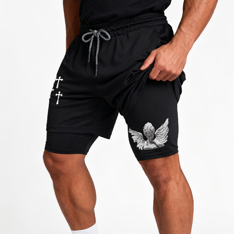 Christianartworkshop Triple Cross Outer Cherub Angel Sculpture Inner Two-Layer Drawstring Faith Shorts - image 1