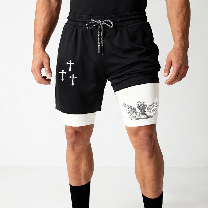 Christianartworkshop Triple Cross Outer Cherub Angel Sculpture Inner Two-Layer Drawstring Faith Shorts - image 7
