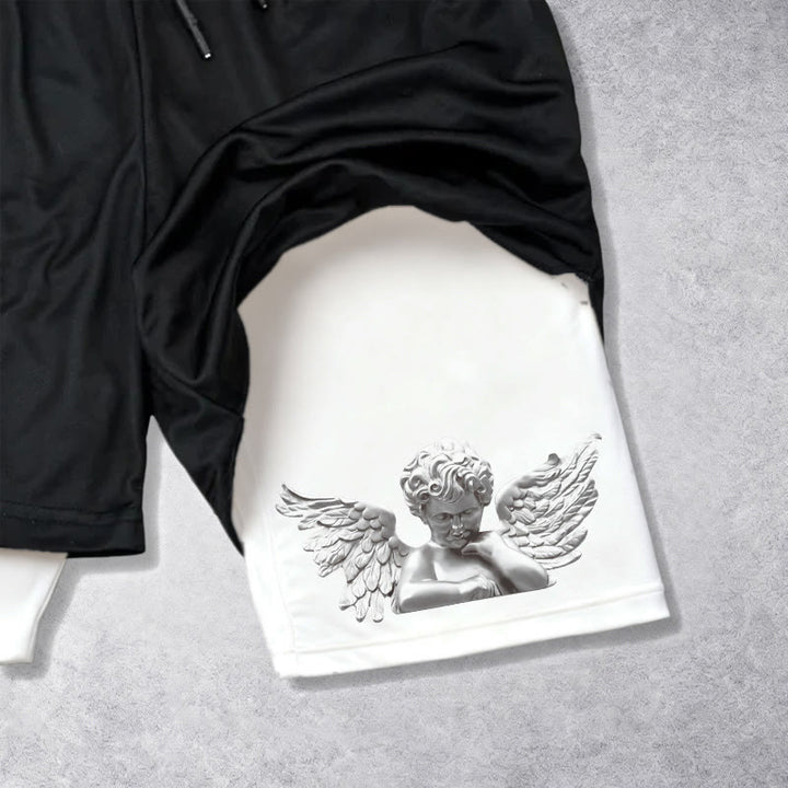 Christianartworkshop Triple Cross Outer Cherub Angel Sculpture Inner Two-Layer Drawstring Faith Shorts - image 9