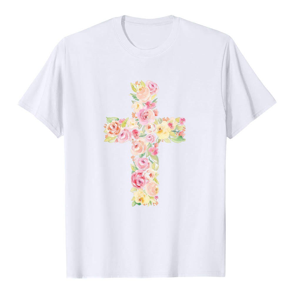 Christianartworkshop Watercolor Floral Fill Cross Front Single Print Classic T-Shirt - image 1
