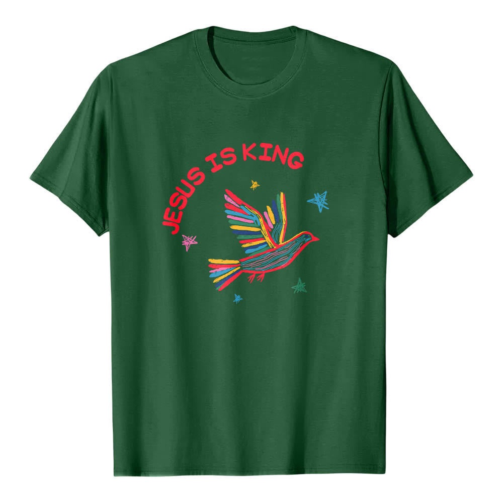 Christianartworkshop Curved Jesus Is King Letter Hand Drawn Dove Star Accent Front Print Classic T-Shirt - Dark Green - 2XL - image 3