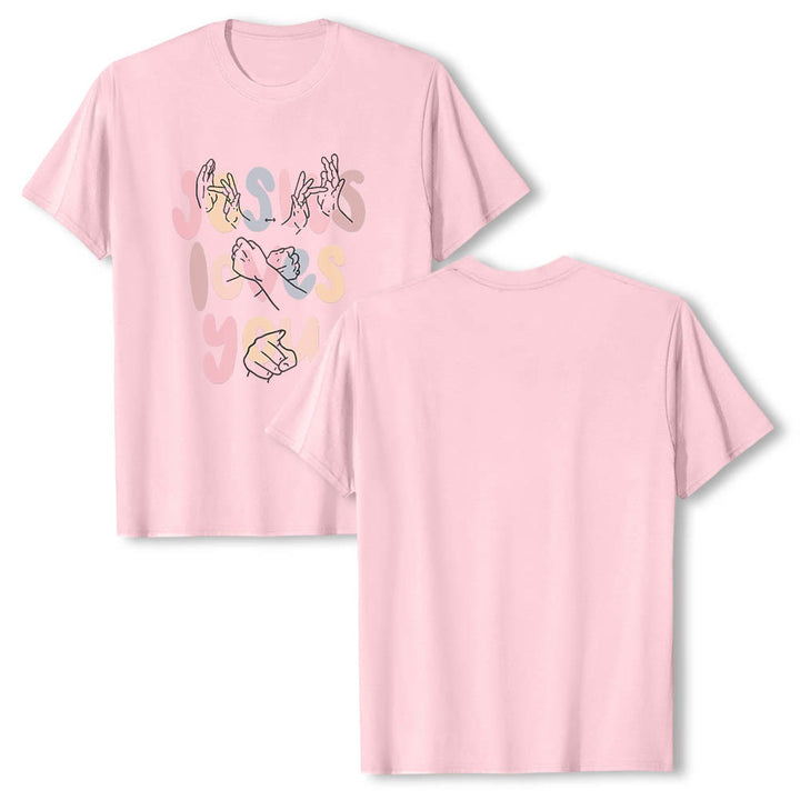Christianartworkshop Jesus Loves You Bubble Letter Sign Language Hand Line Art Front Print Classic T-Shirt - image 26