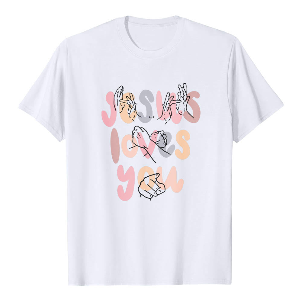 Christianartworkshop Jesus Loves You Bubble Letter Sign Language Hand Line Art Front Print Classic T-Shirt - White - 2XL - image 3