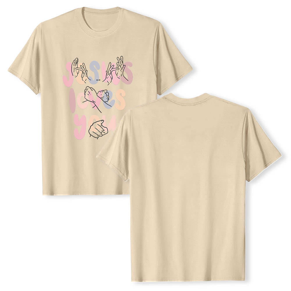 Christianartworkshop Jesus Loves You Bubble Letter Sign Language Hand Line Art Front Print Classic T-Shirt - image 20