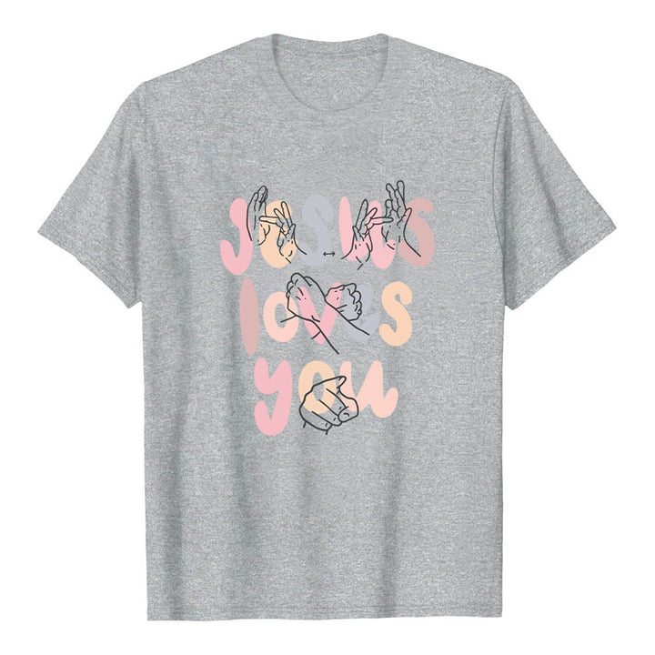 Christianartworkshop Jesus Loves You Bubble Letter Sign Language Hand Line Art Front Print Classic T-Shirt - Grey - 2XL - image 0