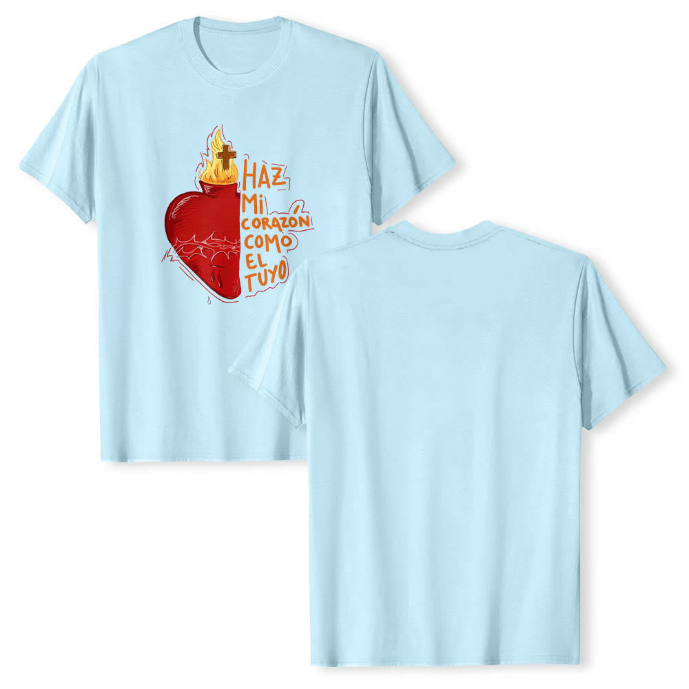 Christianartworkshop Sacred Thorn Wound Flame Cross Heart Spanish Devotional Slogan Front Print Classic T-Shirt - image 11